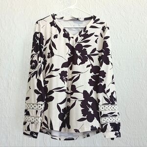 Rapbin Elegant Floral Long Sleeve Blouse Black White Crochet Boho V Neck Soft XL